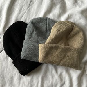 3 Beanies Tan Grey Black